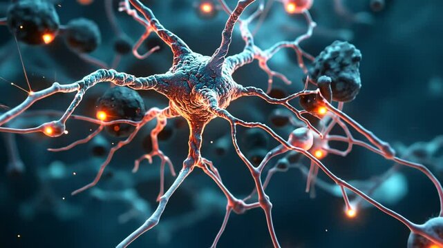 A detailed visualization captures a neuron with luminous connections, illustrating synaptic processes in the nervous system, emphasizing intricate cellular structures