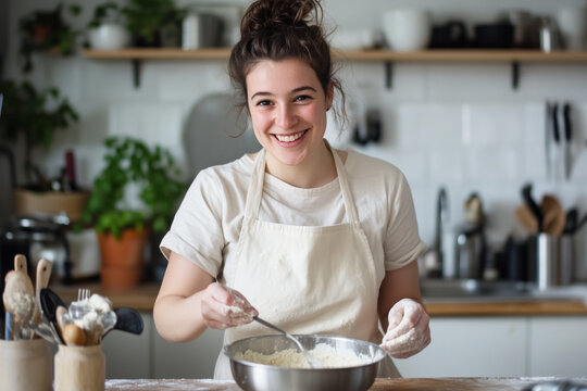 A cheerful young woman in an apron smiles while mixing dough in a rustic kitchen filled with baking utensils, embodying the joy and warmth of home baking in a cozy and welcoming atmosphere.
