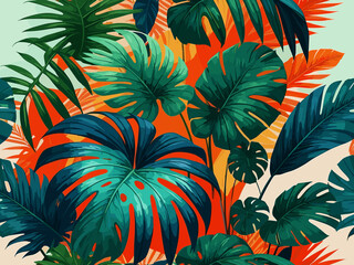 Naklejka premium Bright tropical background with jungle plants. Exotic pattern with palm leaves.