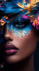 Mystical Beauty: Avant-Garde Makeup and Feathered Headdress Portrait