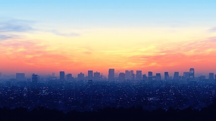 Fototapeta premium City skyline at sunrise with a hazy sky and a vibrant orange and pink sky.
