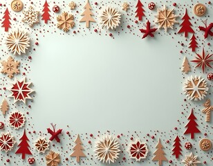 A flat lay of Christmas decorated paper, adorned with gold stars and silver ornaments, on a rustic dark  wooden table, with a cozy red and white knitted scarf beside it. fir beanches, small lights, 