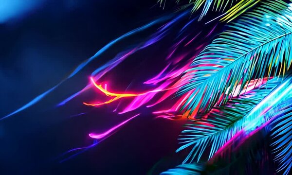 A vibrant, abstract design featuring colorful palm leaves against a dark background.