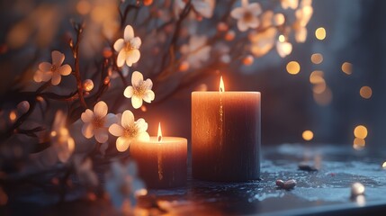 Elegant candle scene with flowers and warm ambiance. 