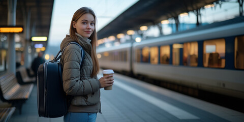 Young woman stands on quiet train platform at dawn, holding coffee and wearing backpack, with soft anticipation as she waits for approaching train in early morning light. Morning commute