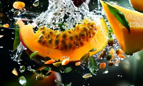 A vibrant, artistic depiction of a sliced mango with seeds, surrounded by droplets and leaves.