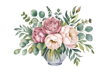 Fototapeta premium Delicate watercolor pink roses, blush peonies, and eucalyptus leaves. Perfect wedding stationary, greetings, fashion, background.