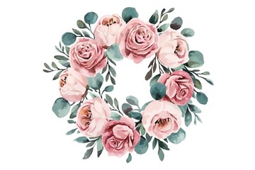 Fototapeta premium Delicate watercolor pink roses, blush peonies, and eucalyptus leaves. Perfect wedding stationary, greetings, fashion, background.