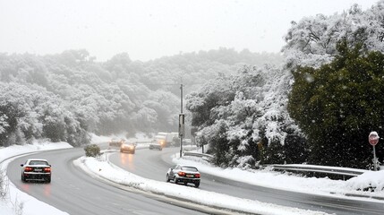 Snow-covered Slippery Highway Through Mountains