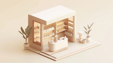 Isometric room minimal cafe store open inside interior architecture 3D rendering. 