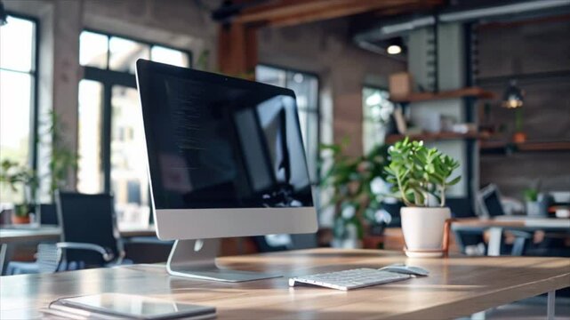 Desktop computer, keyboard, mouse and green indoor plant in a modern sunlit home office 