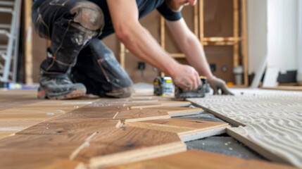 Laminate Flooring Installation: A male worker measuring and installing new wooden laminate flooring, combining wood panels with ceramic tiles in a honeycomb pattern 