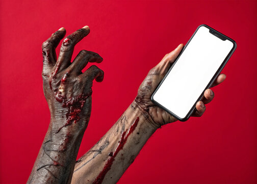 scary Creepy Halloween monster zombie hand holding a mobile phone with a blank screen mockup red background,Ai