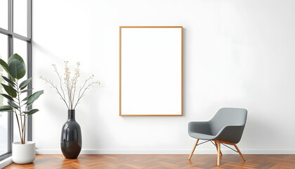 Fototapeta premium Blank frame mockup in modern interior design with trendy vase and chair on empty white wall background, Vertical template for paintings, photo or poster. Artwork mock-up isolated with white highligh