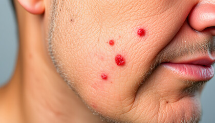 close up of man with shingles disease on skin isolated with white highlights, png