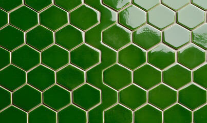 Obraz premium Glossy green hexagonal tiles arranged in a seamless pattern, creating a sleek and modern aesthetic with a touch of geometric elegance