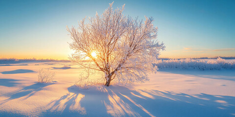 White snow covered tree branch with sunlight