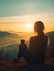 Woman sitting on a hill, watching the sunrise with a cup of coffee.
