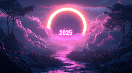  inscripción 2025 en el interior de un circulo iluminado en tonos rojos,  en un  horizonte nocturno con nubes, sobre un bello bosque atravesado por un rio