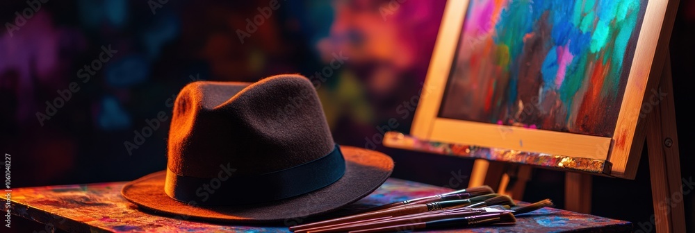 Poster A brown hat lies next to various paint tubes and brushes on an easel, surrounded by a colorful array of artistic potential. Generative AI