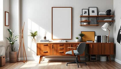 Stylish composition of artist workspace room with design retro teak commode, mock up poster frame, book, decoration and elegant accessories. Template isolated with white highlights, png
