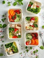 Colorful meal options, with chicken and vegetables.