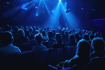 A group of people gathered at a live theatre performance with stage lights illuminating the performers and audience.