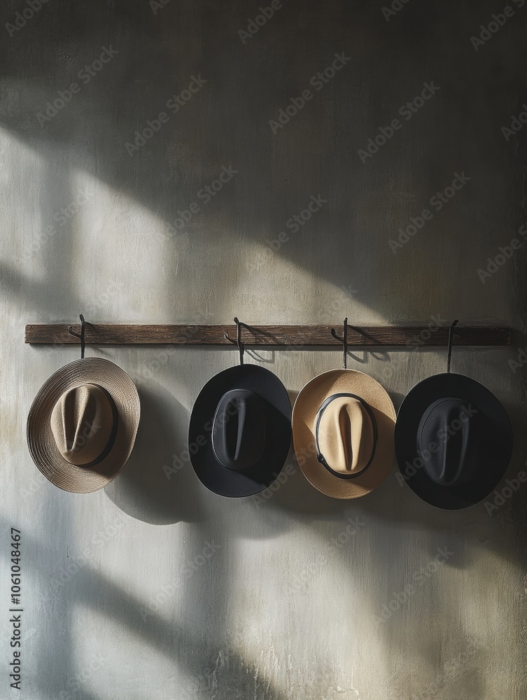 Poster Four classic fedora hats are neatly arranged on a wooden rack, illuminated by soft light and casting gentle shadows. Generative AI