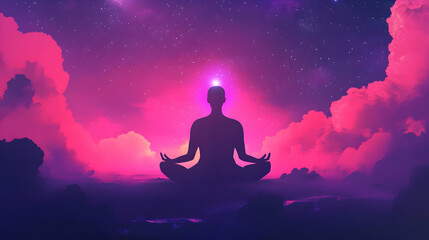 A meditative figure in a serene environment with glowing pink and purple accents symbolizing mindfulness and mental well-being.