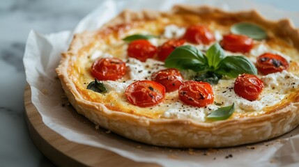 Delicious goat cheese and cherry tomato quiche served on a wooden board with fresh basil in a bright kitchen setting during midday