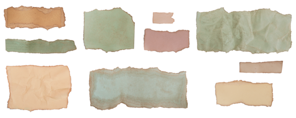Set of pieces of old colored paper with yellowed edges on an isolated transparent background. Cut out. With shadow. Design element, addition. PNG