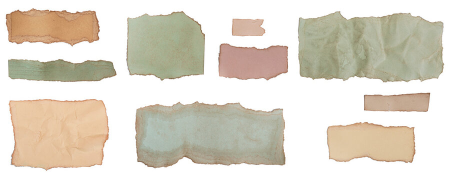 Set of pieces of old colored paper with yellowed edges on an isolated transparent background. Cut out. With shadow. Design element, addition. PNG