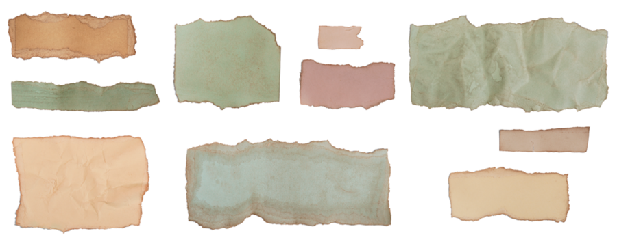 Set of pieces of old colored paper with yellowed edges on an isolated transparent background. Cut out. With shadow. Design element, addition. PNG