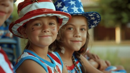 Young girls wearing patriotic attire celebrate 4th of July with hats and flag themed outfits.