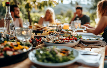 A table is set with a delicious meal, ready for a group of friends to enjoy an outdoor dinner