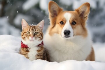 A cat and dog enjoying the snow together.