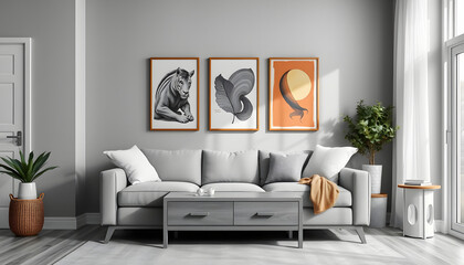 Grey living room with drawer and decoration, posters on the wall isolated with white highlights, png