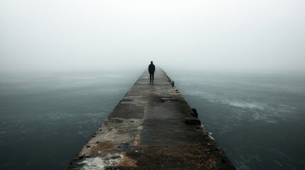 Obraz premium Solitary Voyage Through the Misty Lake on a Weathered Wooden Pier