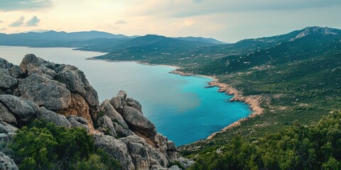 Spectacular vantage point with panoramic view of rugged cliffs overlooking a clear, blue lagoon.