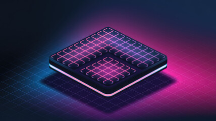 Futuristic neon design featuring a glowing mazelike structure, incorporating vibrant pink and blue colors that evoke a modern, digital atmosphere.