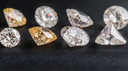 Various diamond gemstones laid out on a reflective surface, showcasing their brilliant cuts, sparkling clarity, and exquisite craftsmanship in a stunning display of luxury