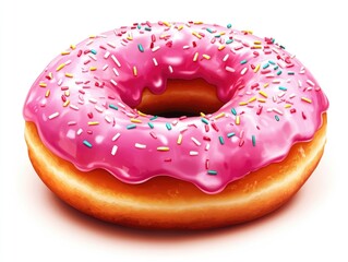 Sweet pastry with pink icing and colorful sprinkles.