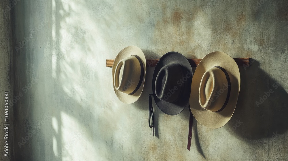 Poster classic fedora hats are neatly arranged on a wooden rack, illuminated softly by natural light in a c