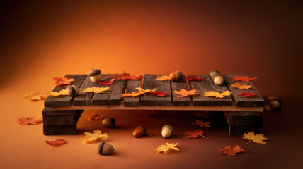 A rustic wooden pallet adorned with vibrant autumn leaves and acorns, creating a warm, cozy atmosphere perfect for fall-themed decor.