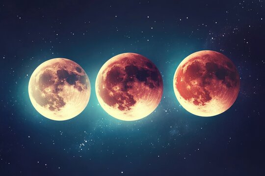 Three full moons aligned against the backdrop of a starry sky.