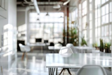 A clean, contemporary workspace featuring modern furniture and abundant sunlight.