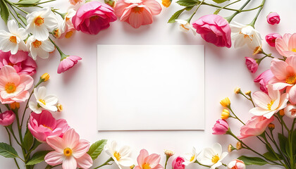 Obraz premium postcard mockup. floral frame of spring flowers, envelope and white blank for text isolated with white highlights, png