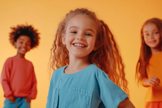 Children smiling brightly, showing friendship and joy; great for marketing or advertising, could be used to depict children's programs or community events.
