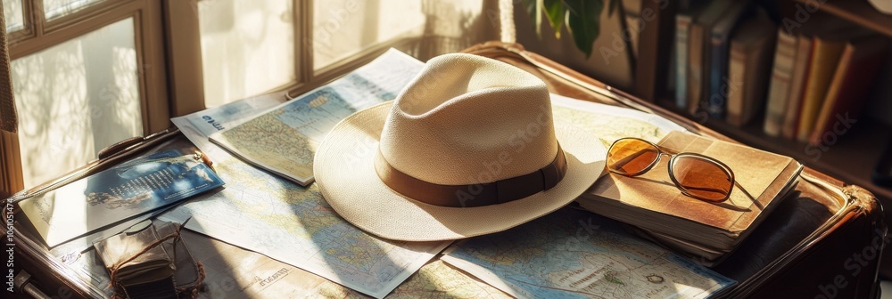 Aufkleber a travel hat sits on an open suitcase, surrounded by colorful maps and travel guides, ready for an a