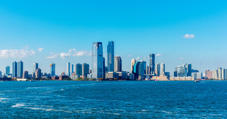 Skyscrapers in Manhattan skyline seen from the water